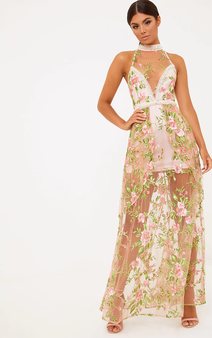 premium blush embroidered lace maxi dress