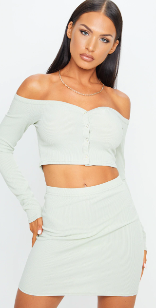 SAGE GREEN RIB POPPER FRONT MINI SKIRT