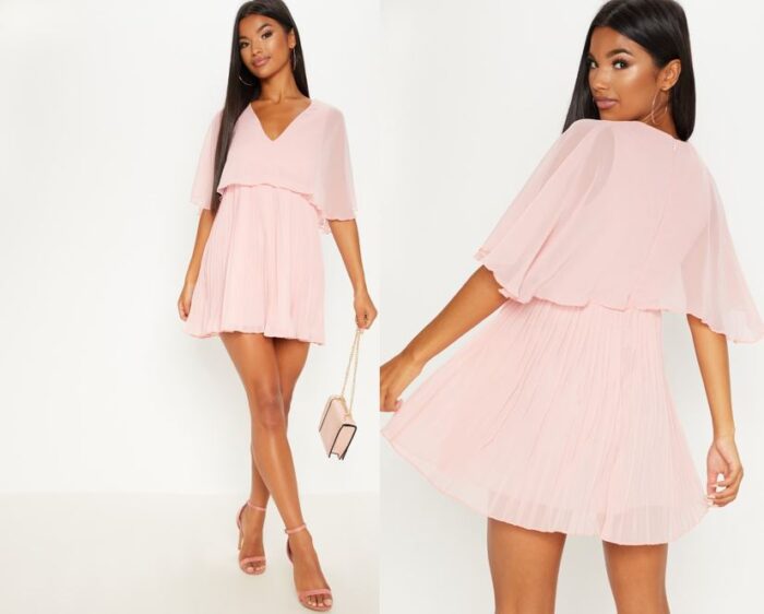 Dusty pink cape clearance pleated detail skater dress