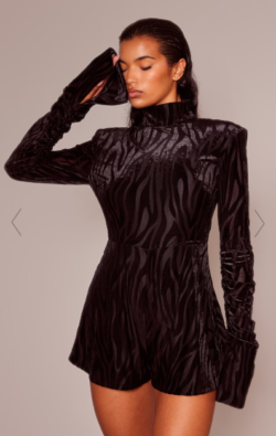 Black Zebra Velvet Devore High Neck Long Sleeve Playsuit